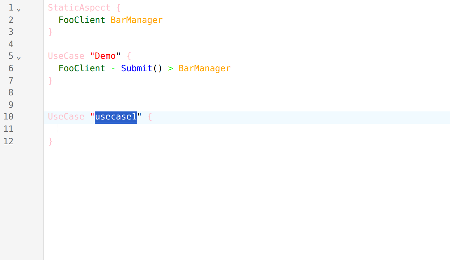 A snippet just inserted, with its first tab-stop (the name) selected